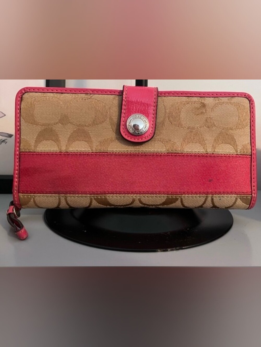 Coach Signature Pink Accordion Zip Wallet